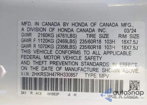 2024 Honda Cr-V Ex 2Wd из США, поврежденный, VIN 2HKRS3H47RH330857